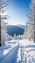 A serene winter scene of a mountainous area blanketed in snow, where trees are adorned with frost,
