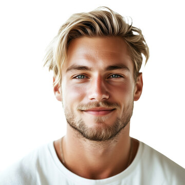 Portrait of handsome blonde European male model looking with a smile on face, isolated on transparent background. Attractive masculine model, blond hair. Design element for poster, publicity.
