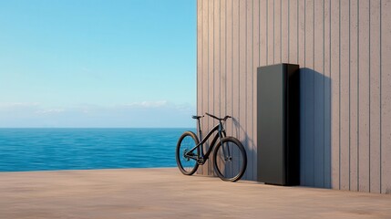 Fototapeta premium A bicycle rests against a sleek refrigerator by the serene seaside, embodying summer vibes and modern outdoor living.