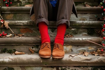 Businessman wearing red socks and elegant brown shoes sitting on stairs