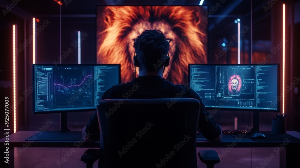 Poster a programmer works late at night in a tech workspace, illuminated by colorful lights and a large lio