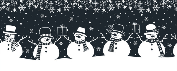 Naklejka premium Snowmen Have Fun in Winter Holidays. Seamless Border. Christmas Background. Cute Snowmen in Winter Clothes with Gifts under Snowflakes. Greeting Card Template. Vector Illustration in Dark Blue , White