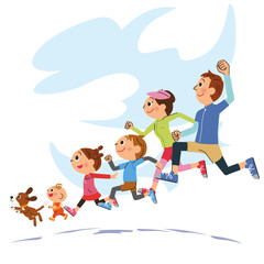 大空を一列でランニングする家族