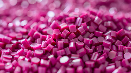 Raw magenta plastic pellets Background Close-up Plastic granules Polymer plastic beads resin polymer