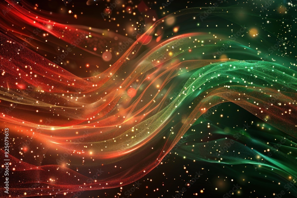 Poster abstract background with red and green glowing waves flowing on a black background