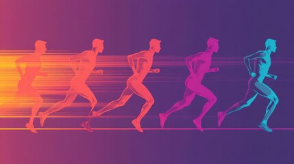 Silhouettes of sprinters in motion, each filled with different vibrant gradients, abstract style, powerful and fastpaced, minimalist background, high detail