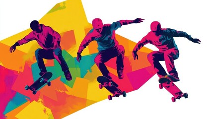 A colorful silhouette of skateboarders performing tricks, each figure filled with different vibrant hues, abstract, dynamic motion, bright background, high contrast