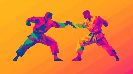 A colorful silhouette of martial artists sparring, each figure filled with different vibrant hues, abstract, dynamic motion, bright background, high contrast