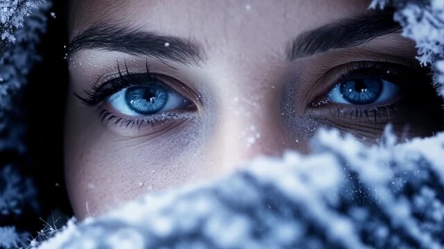 Young woman stands outdoors on a cold winter day, her blue eyes glistening with snowflakes on her eyelashes and knit scarf, creating a cozy atmosphere in freezing temperatures
