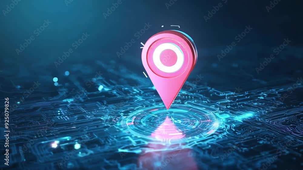Poster a navigation marker highlights a specific spot on a glowing, digital grid interface exhibiting advan