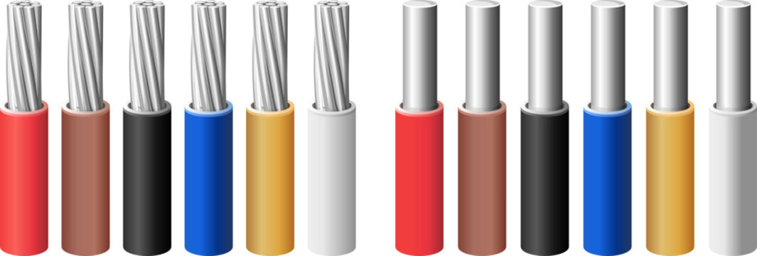 Set of aluminum electrical stranded and solid wires in different colors of  insulating coating (positive, negative, ground). Vector color illustration.