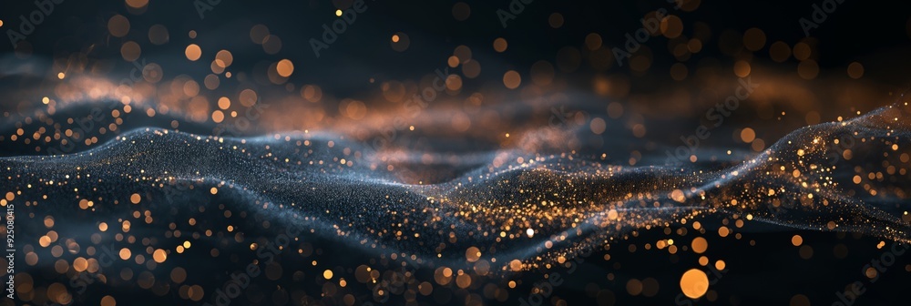 Poster abstract digital art featuring glowing particles and waves in a dark setting, creating a mystical an