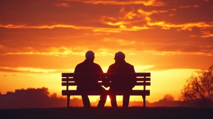 Obraz premium Two elderly men sitting on bench at sunset 