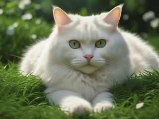 A white cute cat in the grass