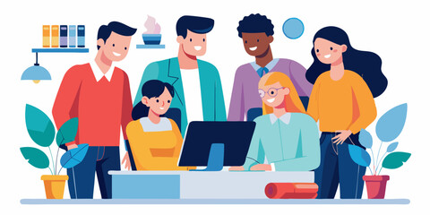 Obraz premium Teamwork. A team of colleagues discuss and carry out a project. Employees of the company together at the desktop 