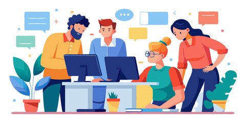 Teamwork. A team of colleagues discuss and carry out a project. Employees of the company together at the desktop
