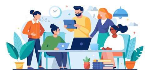 Teamwork. A team of colleagues discuss and carry out a project. Employees of the company together at the desktop
