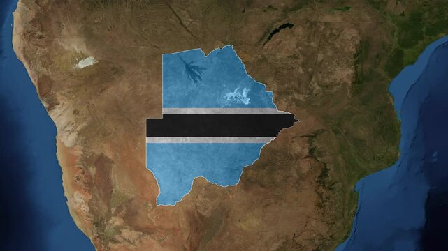 Zoom from Earth to Botswana. (Country Flag) World map animation with highlighted borders of countries.  Images from NASA