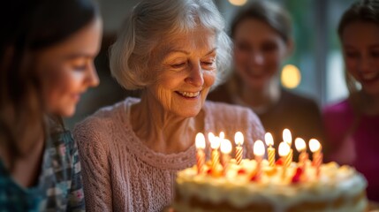 Elderly woman celebrating birthday with cake and family

