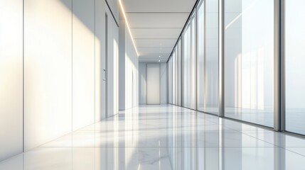 Obraz premium A long, empty hallway with white walls and a white floor