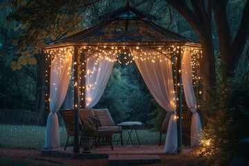 An elegant metal gazebo is adorned with flowing white fabric and twinkling fairy lights, set against a serene forest backdrop. The perfect setting for a romantic evening or whimsical gathering.