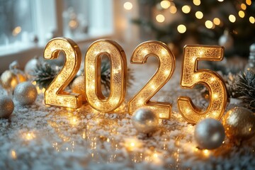 Happy New Year 2025 golden numbers on celebration background Complete with luxurious lighting Happy new year concept