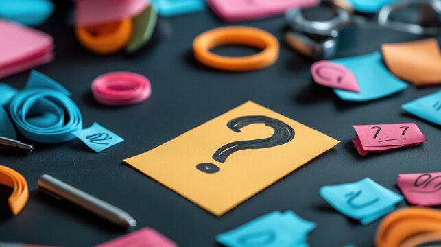 Close-up of colorful sticky notes and office supplies on a dark surface, with a prominent orange note featuring a black question mark.