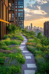 An urban garden thriving on a rooftop, surrounded by concrete buildings, representing the importance of green spaces in cities,