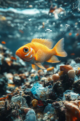 A fish swimming in a coral reef surrounded by plastic waste, highlighting the impact of pollution on marine life,