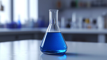 A blue liquid in a glass beaker sits on a table