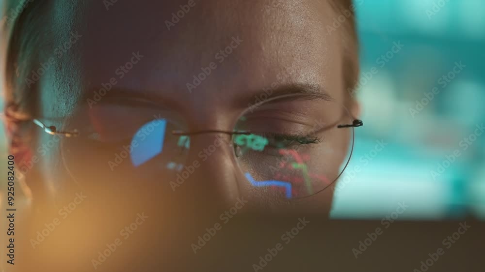 Poster trader wearing glasses is working on laptop computer. screen with stock market charts and bitcoin bt