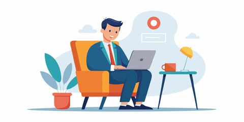 Business man works at a laptop and makes calls while sitting in a chair on a white background. Internet work. Vector illustration
