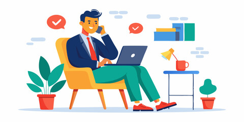 Business man works at a laptop and makes calls while sitting in a chair on a white background. Internet work. Vector illustration
