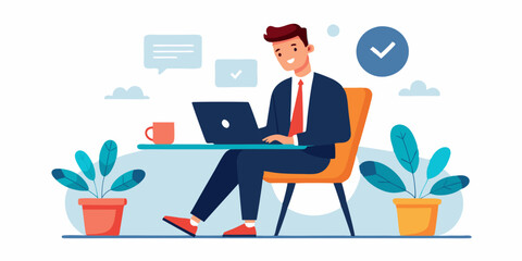 Business man works at a laptop and makes calls while sitting in a chair on a white background. Internet work. Vector illustration
