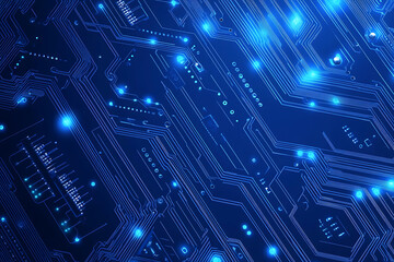 Futuristic vector illustration of a blue circuit board with intricate digital tech elements, perfect for advanced technology backgrounds.