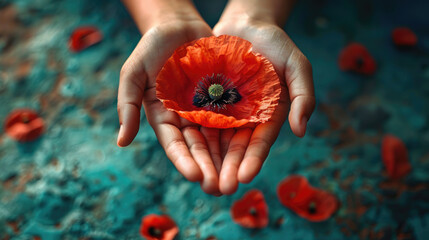Woman Hands holding red poppy flower. Anzac day, Remembrance day concept