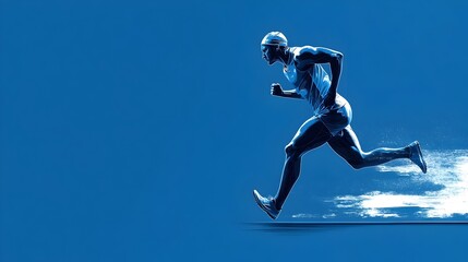 Obraz premium Powerful Silhouetted Runner on Solid Blue Backdrop with Minimal Swiss-Style Design