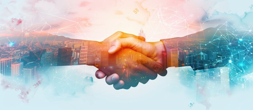 Business handshake with digital technology background and business team silhouette on cityscape background, Concept of success in global network connection. double exposure illustration