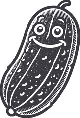 Grunge-Style Cucumber Smiling Vegetable Character with Texture, Rough Hand-Drawn with Grainy Print Effect.