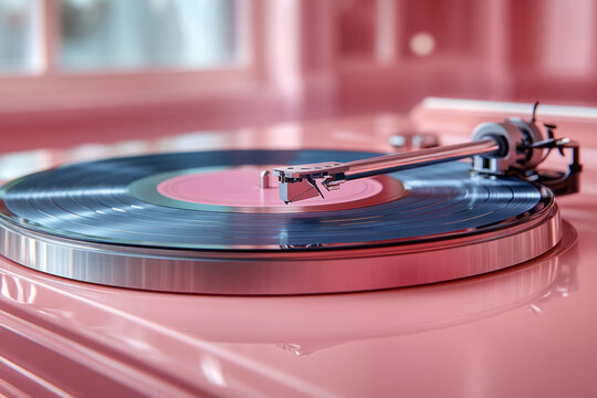 A classic turntable needle, isolated on a pastel pink background, capturing the tactile experience of playing records,