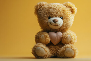 Obraz premium A soft, plush teddy bear holding a heart, isolated on a pastel yellow background, capturing the innocence of love,