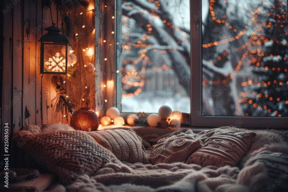 Poster christmas atmosphere is created by a lantern and glowing lights on a windowsill with snowy trees out