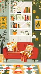 Cozy Living Room with Red Sofa and Bookshelf