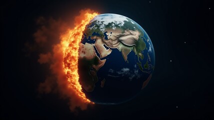Fototapeta premium Dramatic apocalyptic image of a burning Earth from space. Continents engulfed in fire, oceans ablaze against a dark starry sky. Red and orange hues depict the intense heat and destruction.