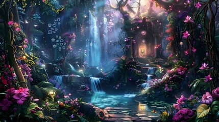 Mystical forest with vibrant, otherworldly flora and fauna. Mysterious night forest landscape with natural lights, lake, waterfalls, trees and unicorns.