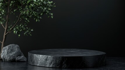 A black stone pedestal with a tree in front of it
