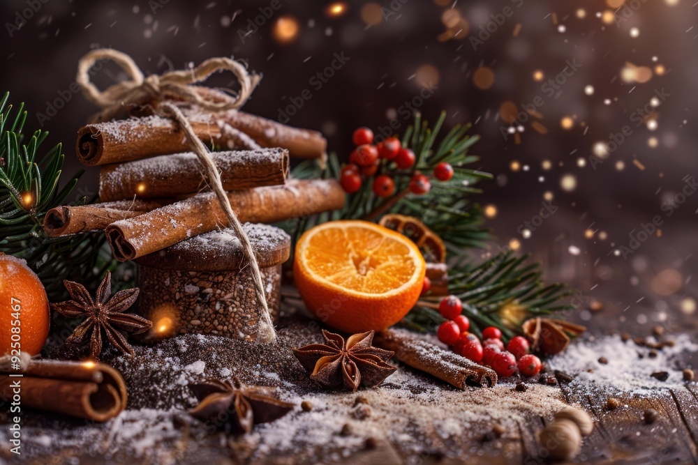 Poster christmas spices with falling snow creating festive mood on a rustic wooden table