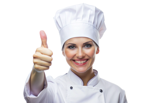 Smiling female chef showing thumbs up png