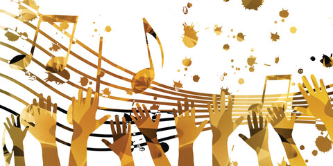 Music background with colorful musical notes staff and hands vector illustration design. Artistic music festival poster, live concert events, party flyer, music notes signs and symbols	