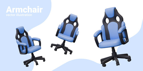 Blue realistic gaming chair. Professional model with headrest, armrests, ventilation holes